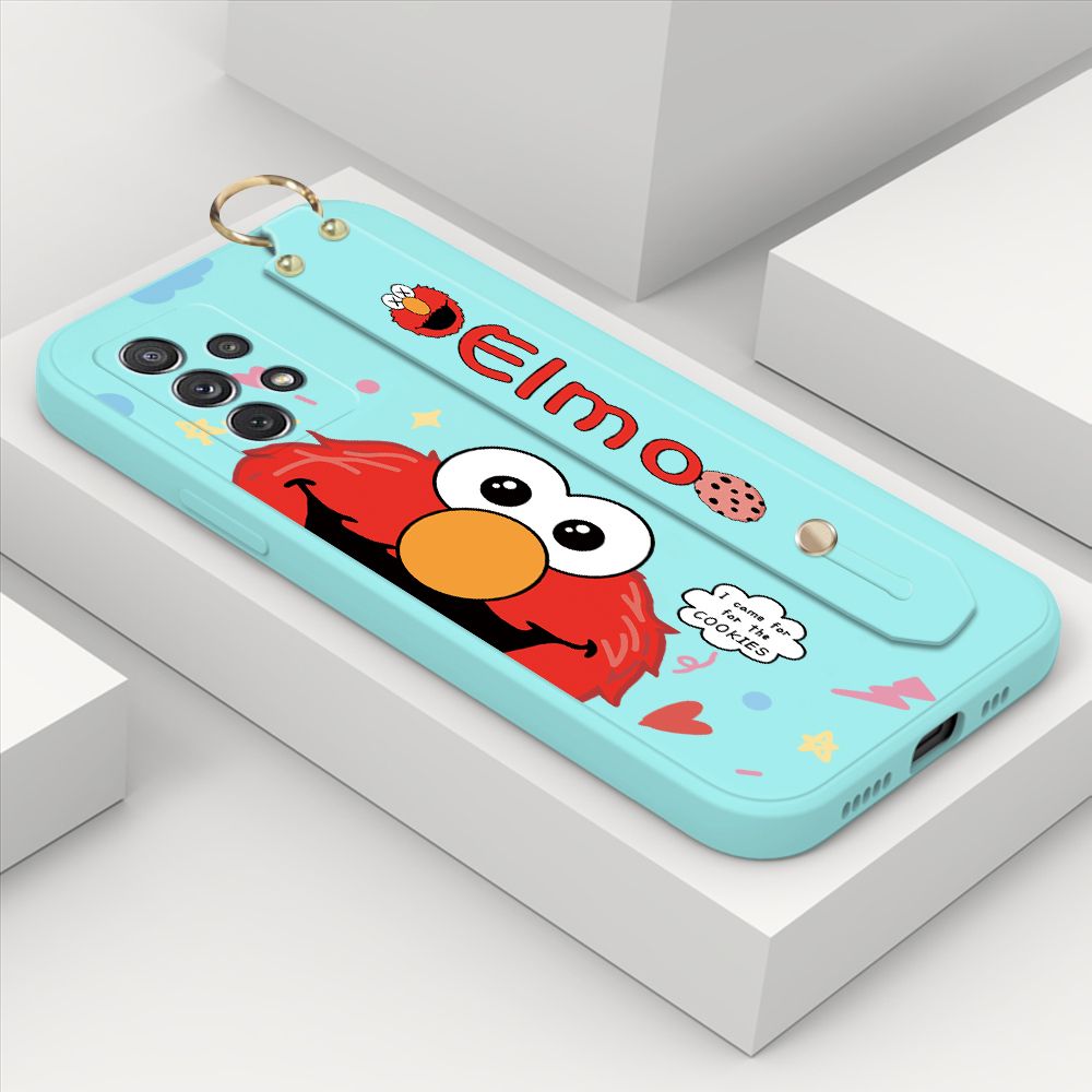 ZeroQiQi for Samsung Galaxy A72 Wrist Strap Case Cute Cute Cartoon Little Monster Phone Cover Square Edge Liquid Silicone Case Full Cover Camera Shockproof Protective Cases