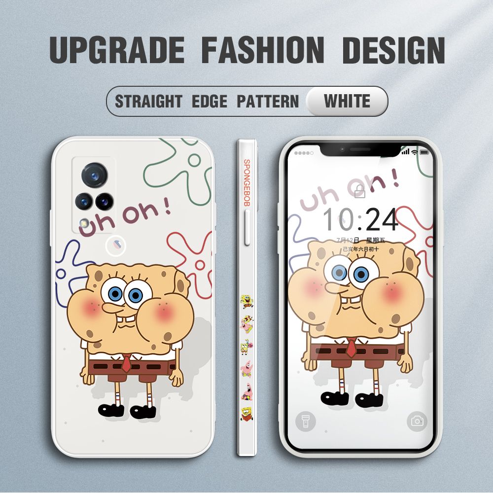 Jizetin for Vivo V21 Case Side Design Phone Cover New Cartoon SpongeBob SquarePants Cover Square Edge Pattern Liquid Silicone Trend Case