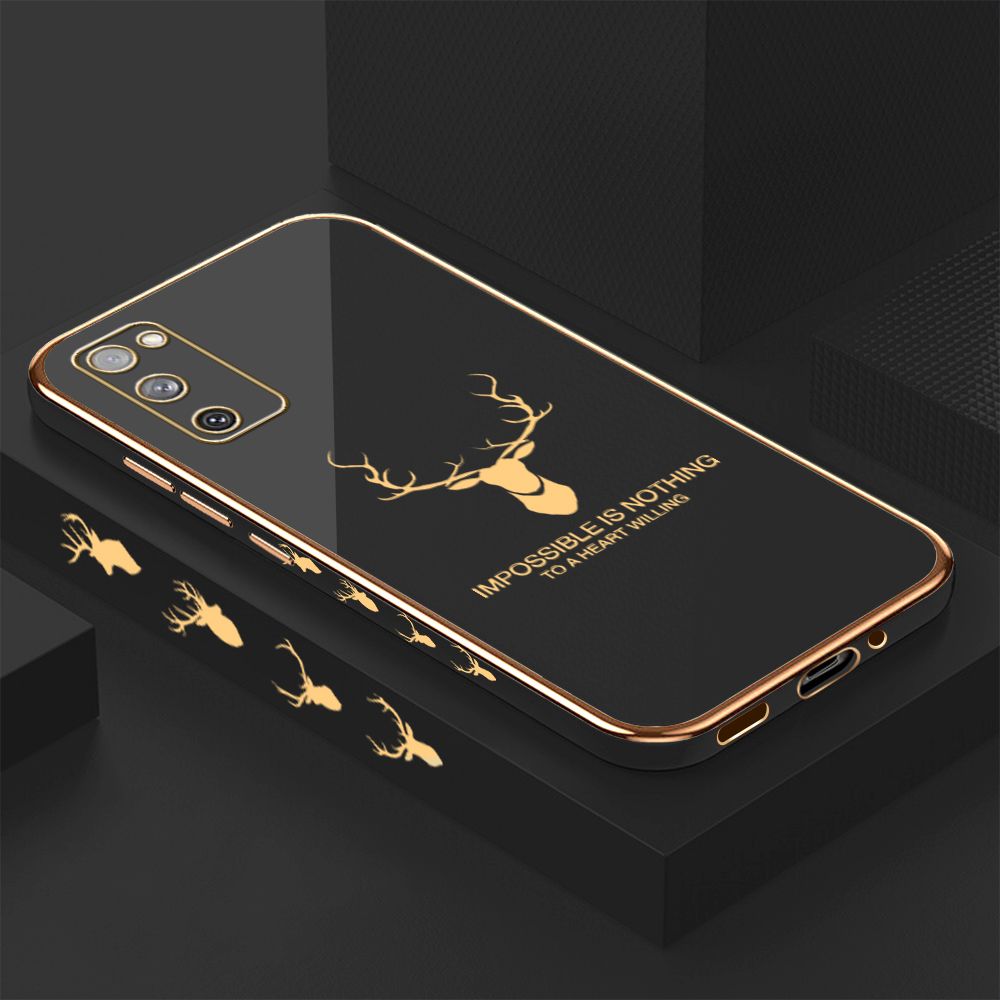 Luxury 6D Plating Case for Samsung S20 FE Alphabet Lucky Deer Side Pattern Back Cover Soft Silicone Square Frame Shiny Bling Phone Cases + Free Lanyard