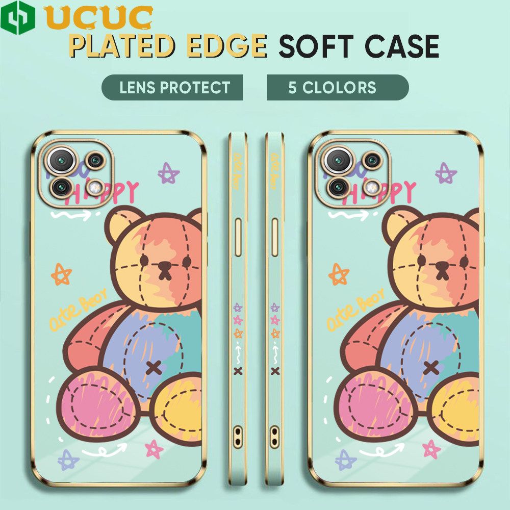 UCUC for Xiaomi 11 Lite 5G NE / 11 Lite 5G / 11 Lite Back Cover + Free Lanyard Colorful Muppet Bear Luxury 6D Plating Case Side Pattern Soft Silicone Square Phone Cases
