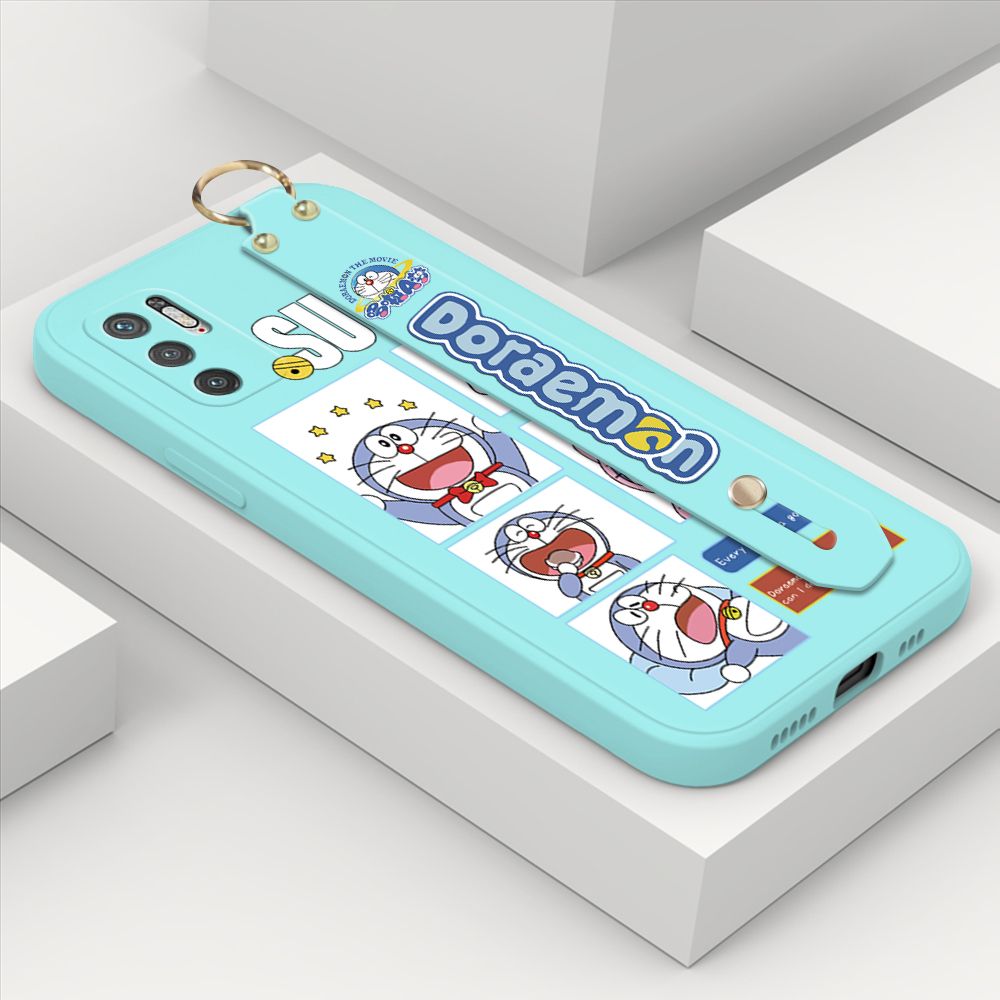 ZeroQiQi for Xiaomi Poco M3 Pro Wrist Strap Case Cute Cute Cartoon Blue Cat Daily Life Cover Square Edge Liquid Silicone Creative Phone Protective Cases
