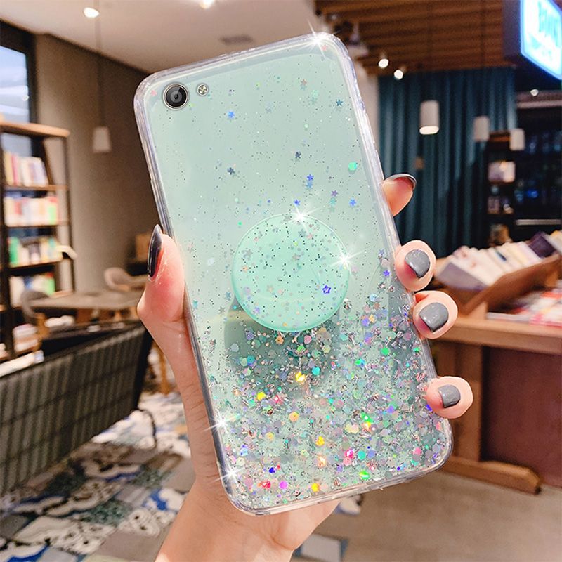 For Vivo Y81 / Y81i Case with Stand Holder, Luxury Shiny Glitter Foil Ultra Thin Phone Cases Clear Design Anti-Scratch Soft TPU Silicone Rubber Bumper Shockproof Protective Casing Back Cover Women Girls Lady