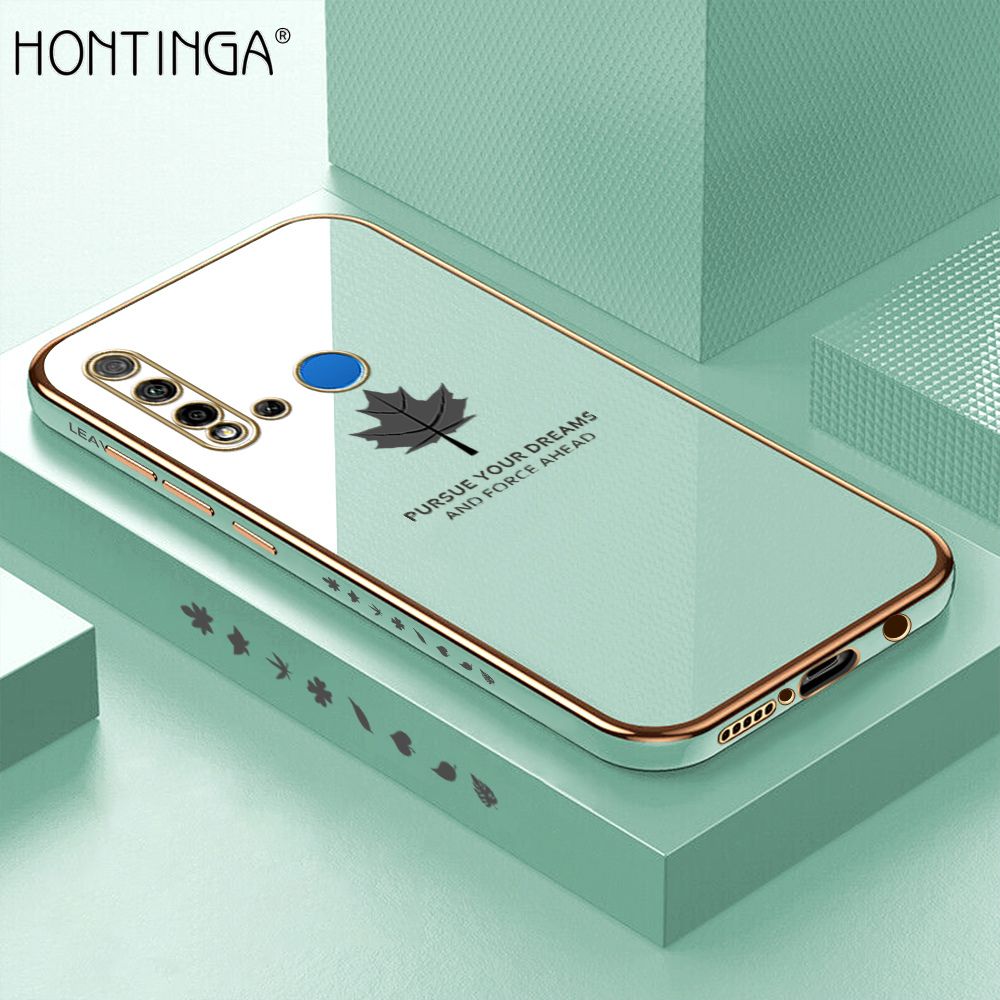 Hontinga for Huawei Nova 5I Case Luxury 6D Plating Maple Leaf Side Pattern Soft Back Cover Silicone Square Phone Cases