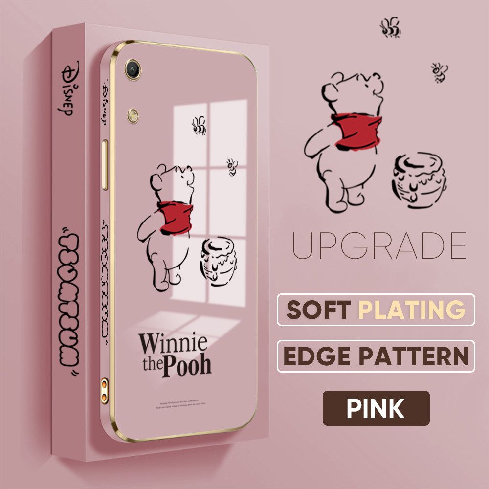 Jizetin (Free Lanyard) Huawei Y6 Pro 2019 Back Cover Honeypot Pooh Luxury 6D Plating Case Side Pattern Soft Silicone Square Mobile Phone Cases