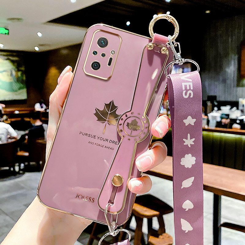 For Xiaomi Redmi Note 10 Pro 64MP Edition Back Cover with Lanyard + Wristband Fashion Shiny Maple Leaf Plating Bumper Stand Holder Case Camera Protection Soft Silicone Mobile Phone Cases