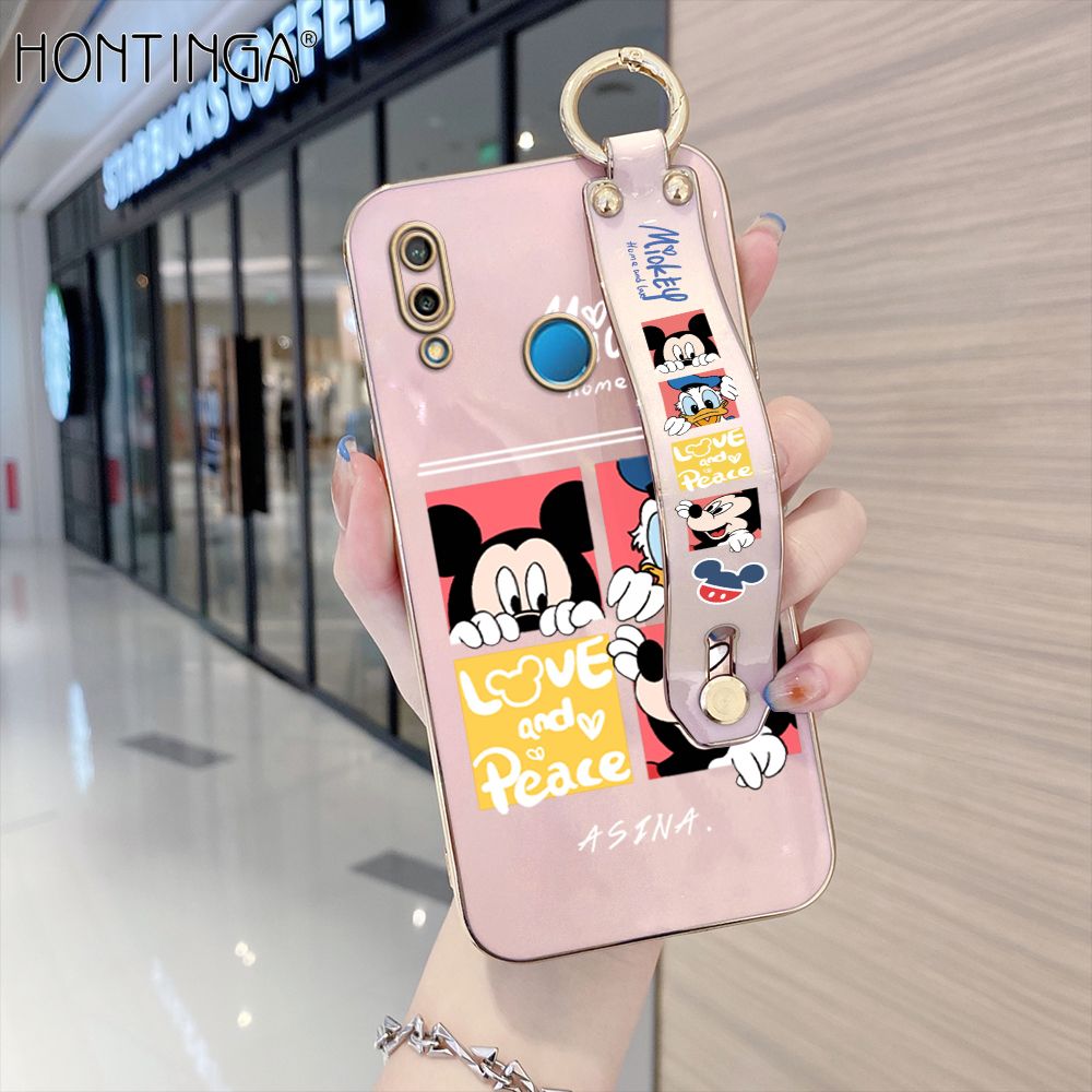 Hontinga for Huawei P20 Lite / Nova 3E Back Cover With Wristband Luxury 6D Plating Cartoon Case Soft Silicone Square Phone Cases