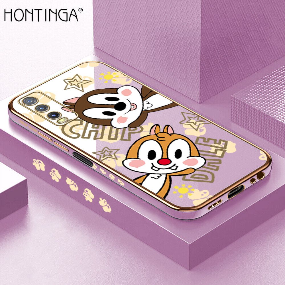 Hontinga for Vivo Y20 2021 Y20i Y20S Y12S Y20S G Y12A Back Cover + Free Lanyard Luxury 6D Plating Cute Cartoon Rat Side Pattern Case Soft Silicone Square Phone Cases