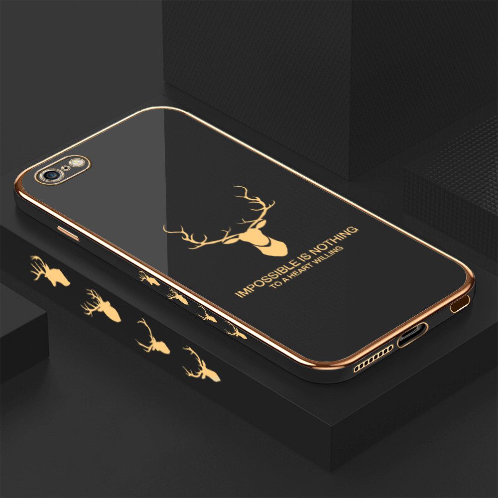 Luxury 6D Plating Case for iPhone 6 Plus Alphabet Lucky Deer Side Pattern Back Cover Soft Silicone Square Frame Shiny Bling Phone Cases + Free Lanyard