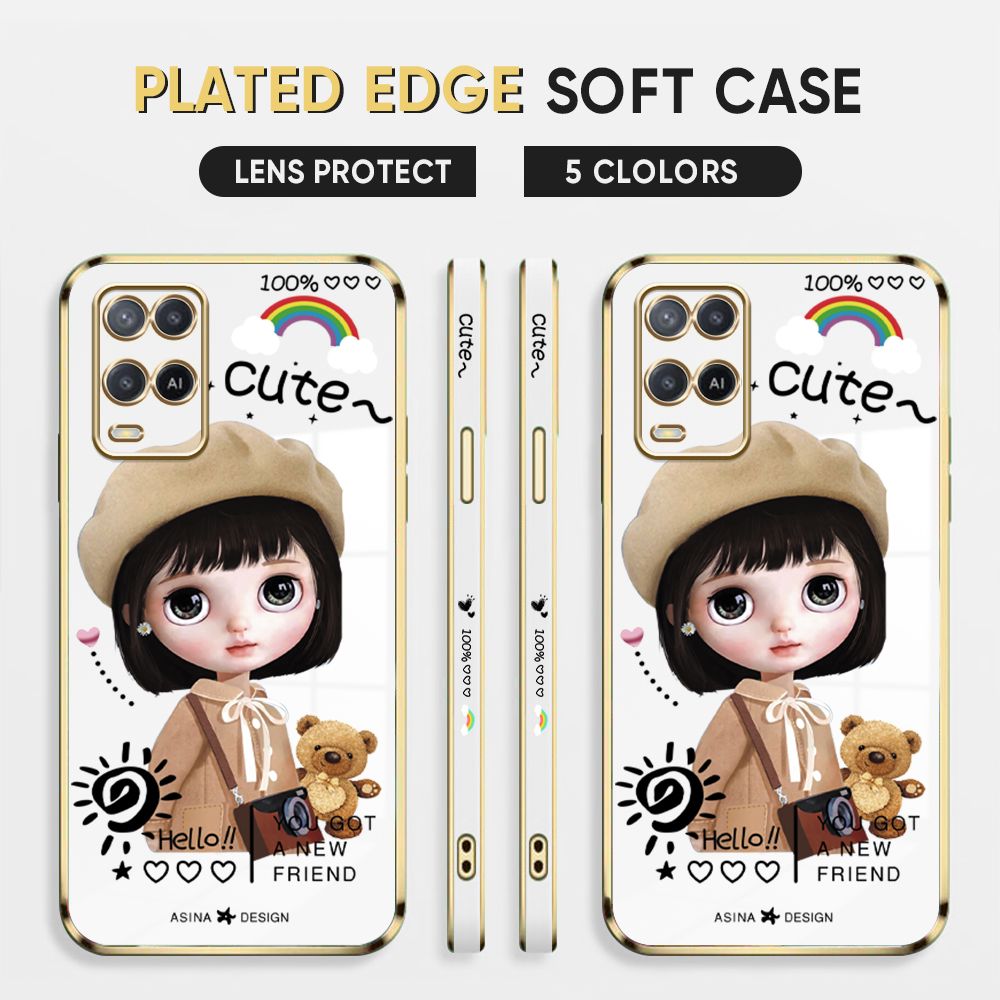 Luxury 6D Plating Case for OPPO A54 / A54 2021 Back Cover Cute Satchel Girl Side Pattern Soft Silicone Square Phone Cases