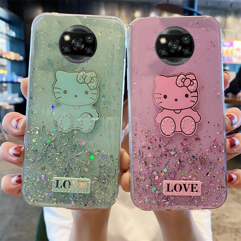 Phone case Xiaomi Poco X3 Shiny Ring Case Glitter Soft Transparent Hello Kitty Cases For Xiaomi Poco X3 Back Cover Stars Moon Girls