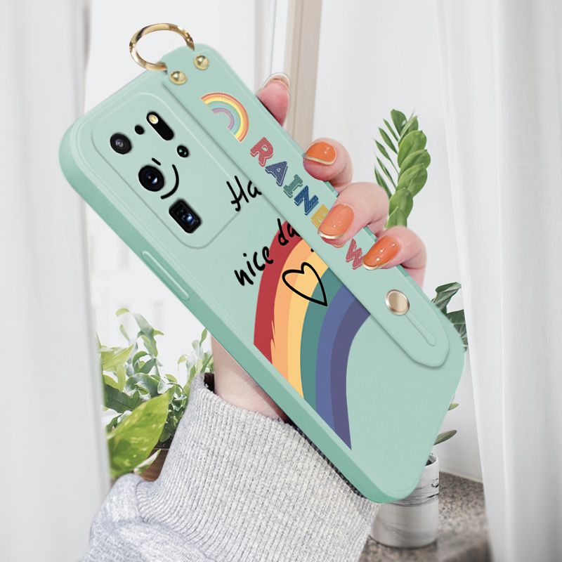 Jizetin for Samsung Galaxy S20 Ultra Wrist Strap Case INS Style Smile Rainbow Cover Ultra Thin Anti Fall Liquid Silicone Phone Case
