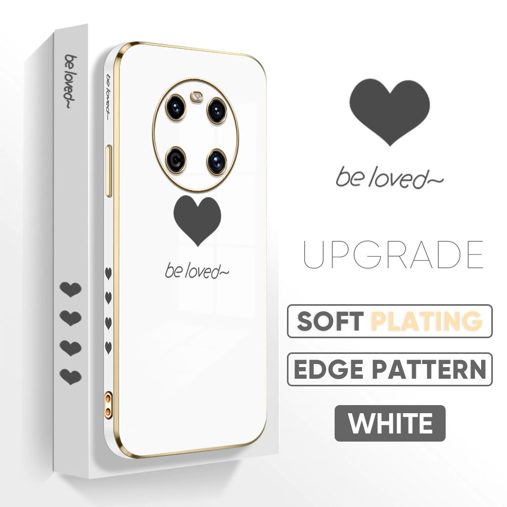 Jizetin (Free Lanyard) Huawei Mate 40 Back Cover Heart loved Luxury 6D Plating Case Side Pattern Soft Silicone Square Mobile Phone Cases