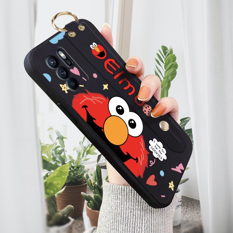 Jizetin for OPPO Reno6 Z 5G Wrist Strap Case Creative Cartoon Red Haired Monster Cover Ultra Thin Anti Fall Liquid Silicone Phone Case