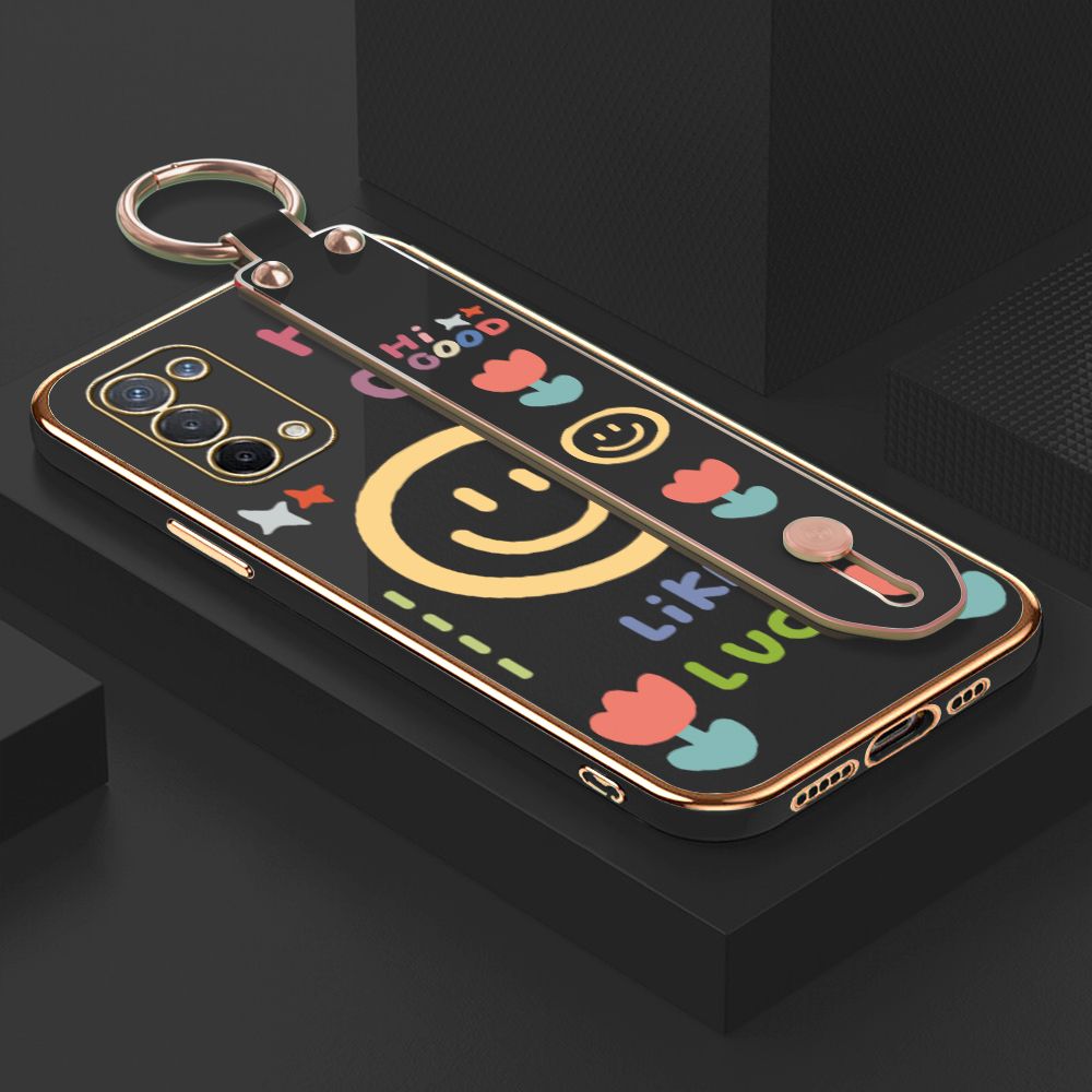 ZeroQiQi for OPPO A74 5G Wrist Strap Back Cover Flower Smiley Fashion Luxury 6D Plating Soft Casing Silicone Square Frame Phone Case