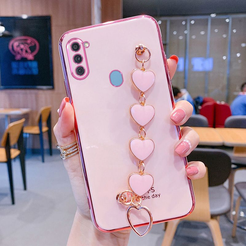 For Samsung Galaxy M11 Back Cover with Love Heart Chain Wrist Strap Fashion Bracelet Shiny Plating Bumper Protective Case Silicone Shockproof Mobile Phone Cases