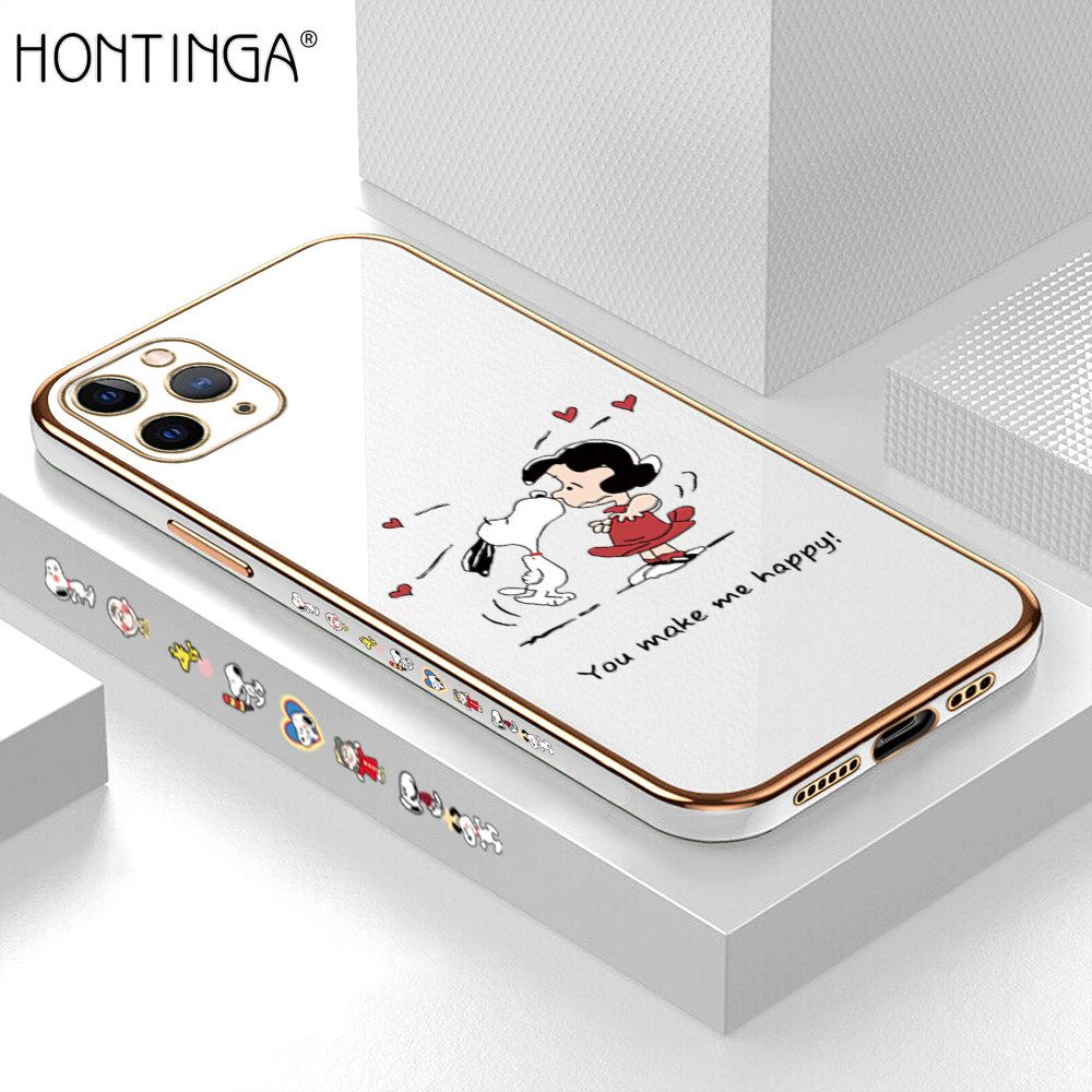 Hontinga for iPhone 11 Pro Max Back Cover + Free Lanyard Luxury 6D Plating Happy Puppy and Girl Side Pattern Case Soft Silicone Square Mobile Cover