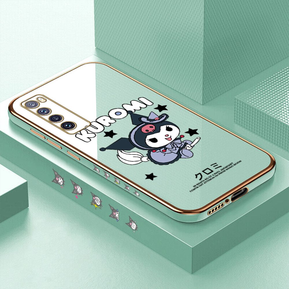 Luxury 6D Plating Soft Casing Silicone Square Frame Phone Case For Huawei Nova 7 Case Shiny Bling Back Cover Cartoon Anime Character Cute Square Edge Pattern Design Soft Case + Free Lanyard