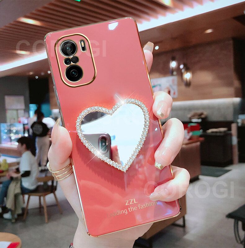 For Xiaomi Mi 11X Cover with Makeup Mirror Shiny Plating Square Bumper Girls Phone Case Soft TPU Silicone Shockproof Protective Back Cover
