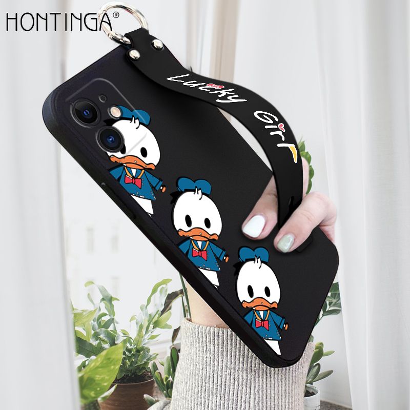 Hontinga for iPhone 12 Mini Wrist Strap Case Cute Cartoon Little Duck Phone Case Square Edge Liquid Silicone Case Full Cover Camera Shockproof Protective Cases
