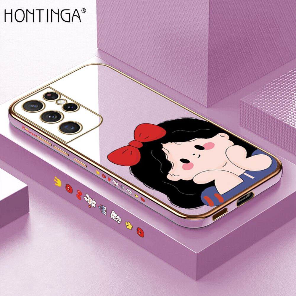 Hontinga for Samsung S21 Ultra 5G Back Cover + Free Lanyard Luxury 6D Plating Cute Bow Girl Side Pattern Case Soft Silicone Square Mobile Cover