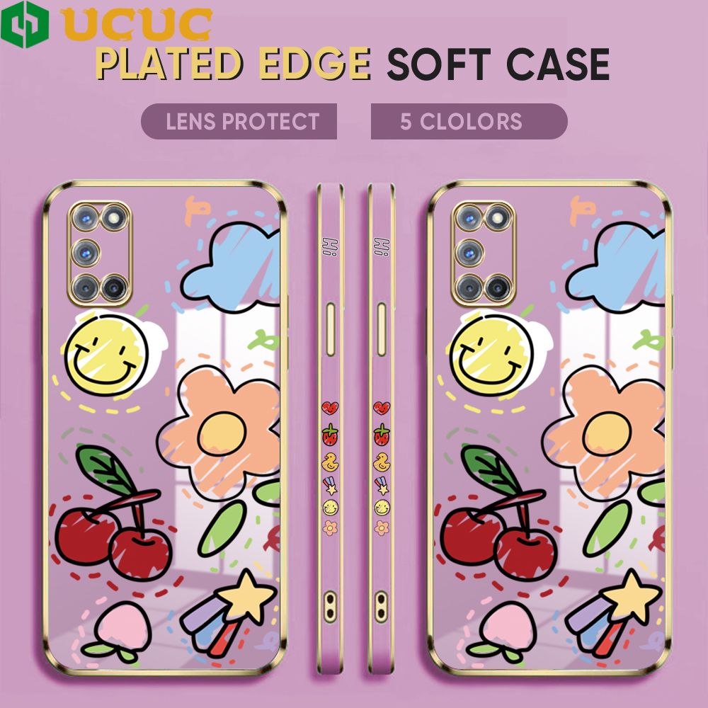 UCUC for OPPO A52 Cover Fruit Doodle Luxury 6D Plating Soft Casing Silicone Square Frame Phone Case Shiny Bling Back Cover + Free Lanyard