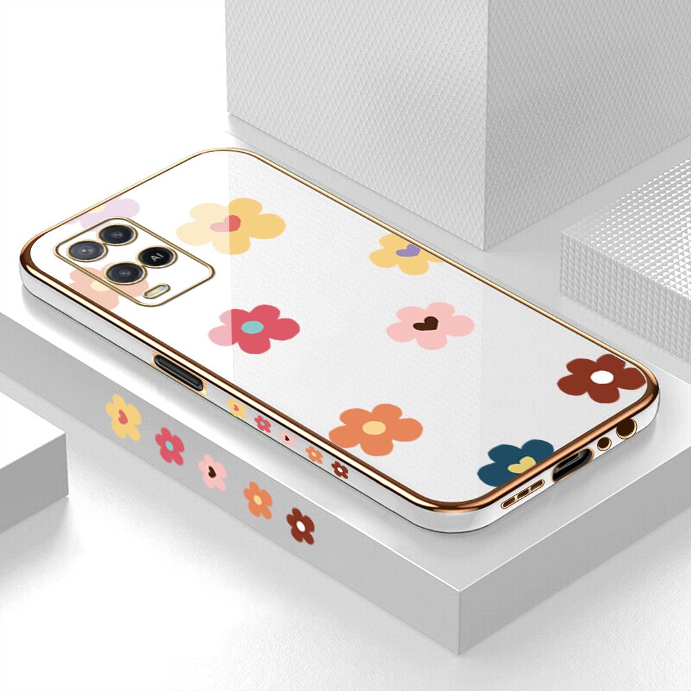Luxury 6D Plating Case for OPPO A54/A54 2021 Color Cartoon Flowers Side Pattern Back Cover Soft Silicone Square Phone Cases + Free Lanyard