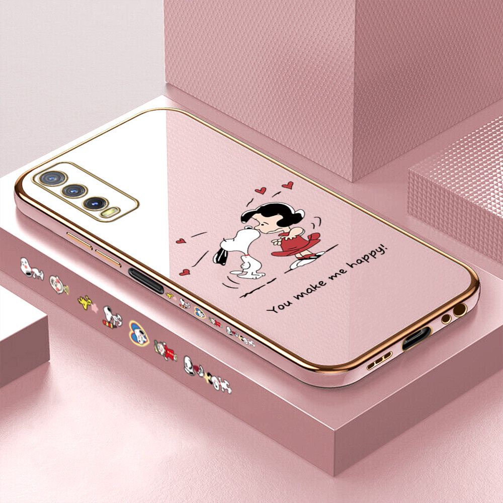 Luxury 6D Plating Case for Vivo Y20i Happy Cartoon Puppy Side Pattern Back Cover Soft Silicone Square Frame Shiny Bling Phone Cases + Free Lanyard