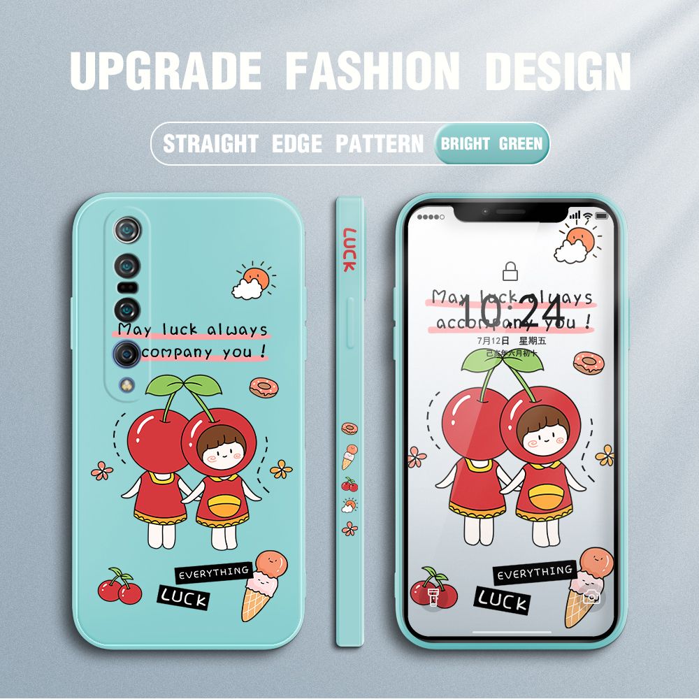 Jizetin for Xiaomi Mi 10 Pro Case Fashion Cherry Girl Design Side Design Phone Case Square Edge Pattern Liquid Silicone Cases Full Cover Camera Shockproof Protective Case