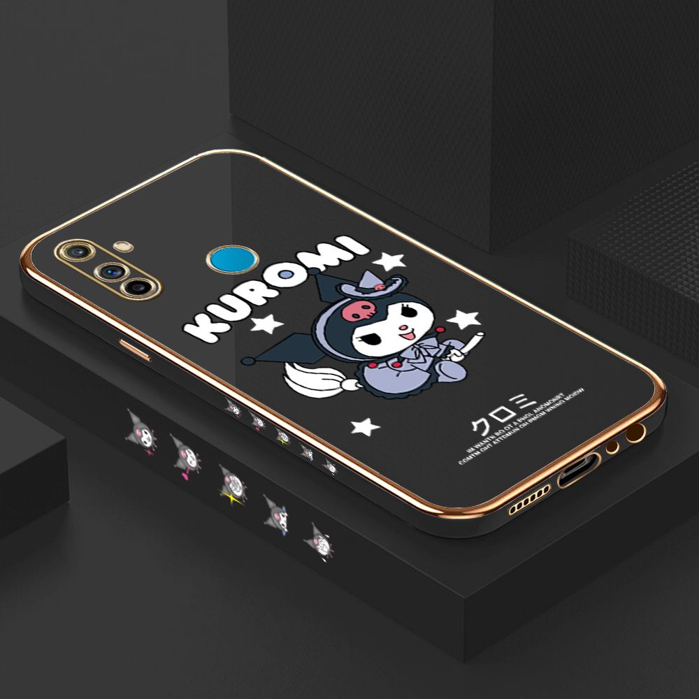 Luxury 6D Plating Case for Realme C3 Cartoon Little Witch Side Pattern Back Cover Soft Silicone Square Phone Cases + Free Lanyard