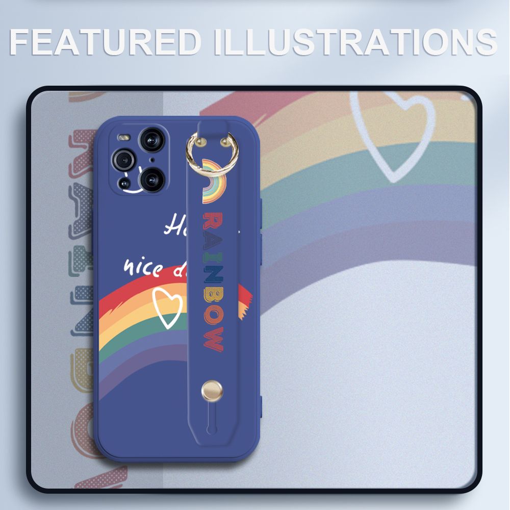 UCUC for OPPO Find X3 Wrist Strap Case INS Style Smile Rainbow Cover Ultra Thin Anti Fall Liquid Silicone Phone Case