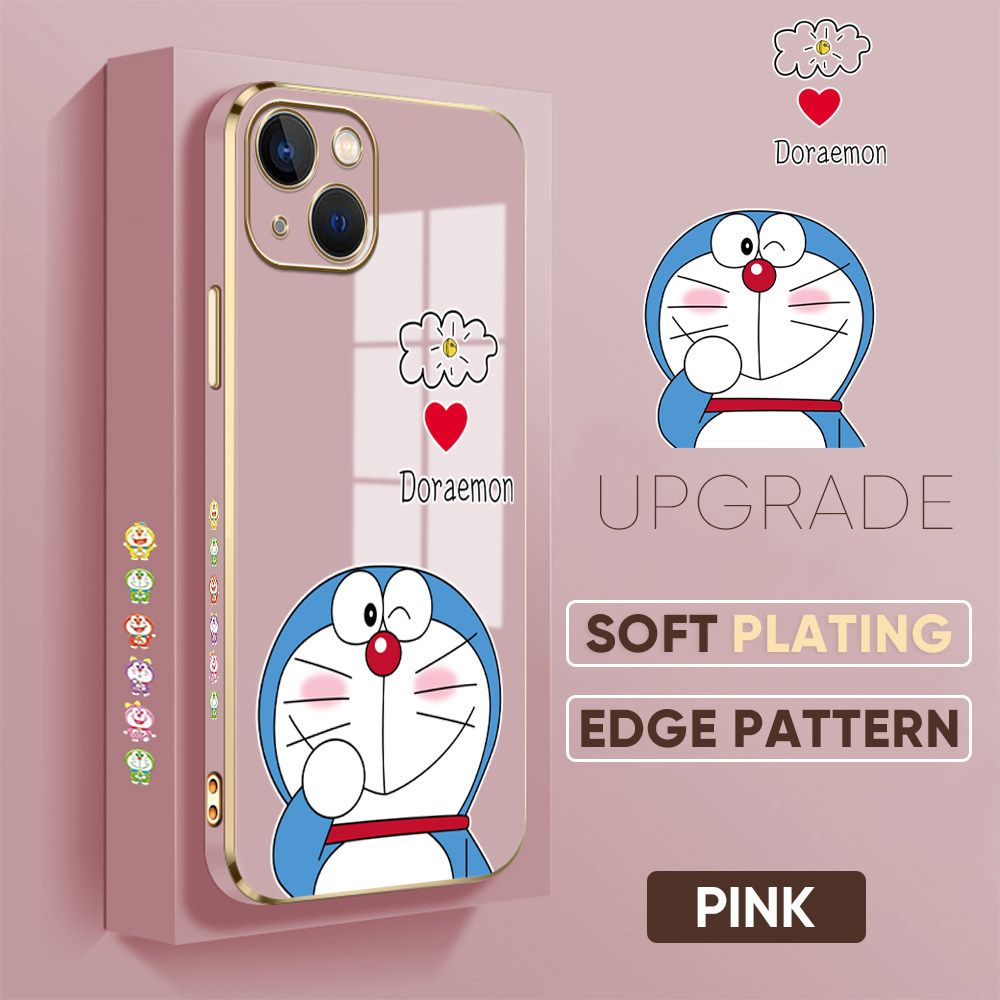 UCUC for iPhone 13 Mini Back Cover + Free Lanyard Sneak Doraemon Luxury 6D Plating Case Side Pattern Soft Silicone Square Phone Cases