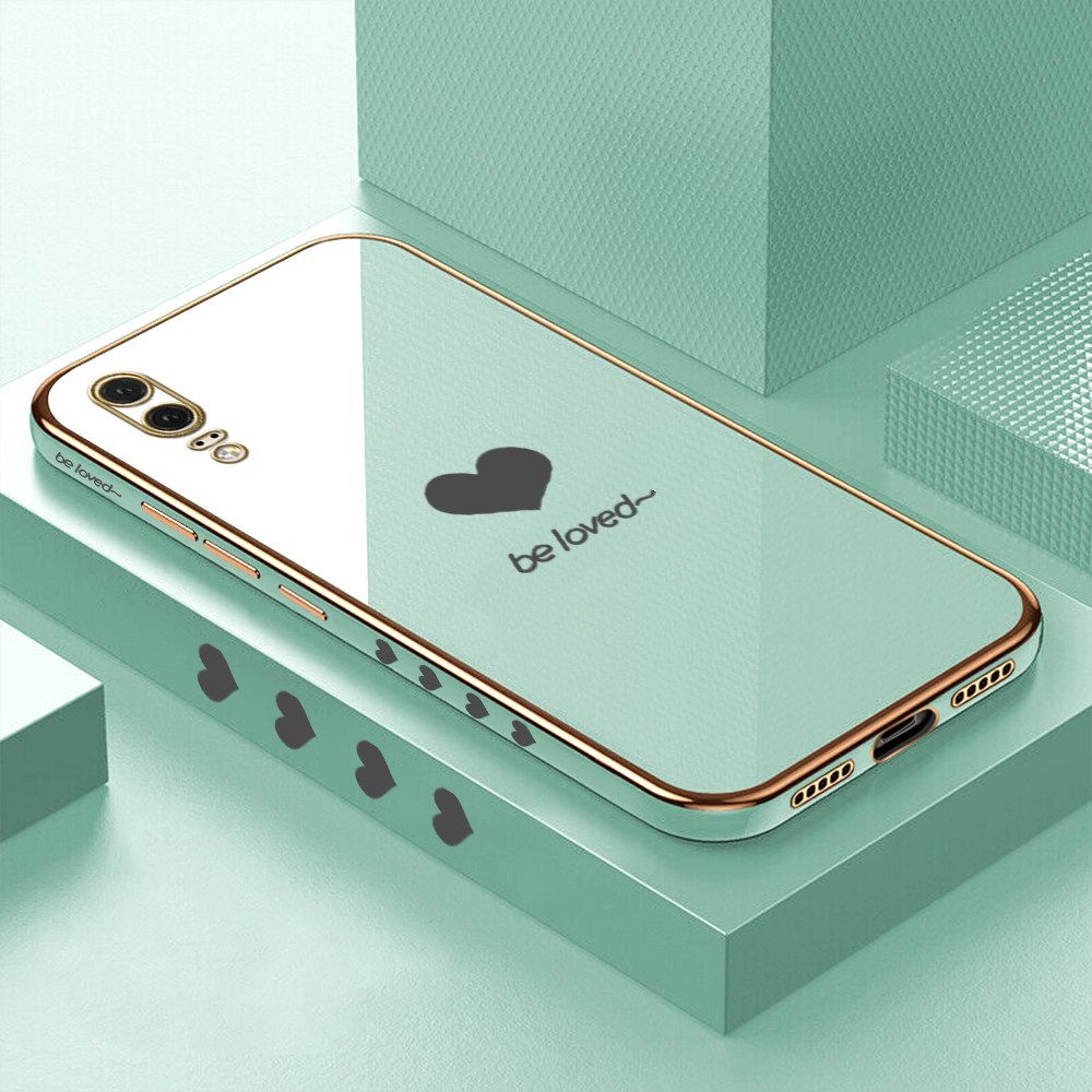 Luxury 6D Plating Soft Casing Silicone Square Frame Phone Case For Huawei P20 Case Shiny Bling Back Cover Lover Heart Square Edge Pattern Design Soft Case + Free Lanyard