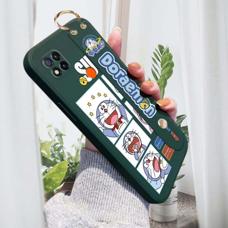 Jizetin for Xiaomi Redmi 9C / Redmi 10A Wrist Strap Case Creative Cartoon Doraemon's Daily Life Cover Ultra Thin Anti Fall Liquid Silicone Phone Case