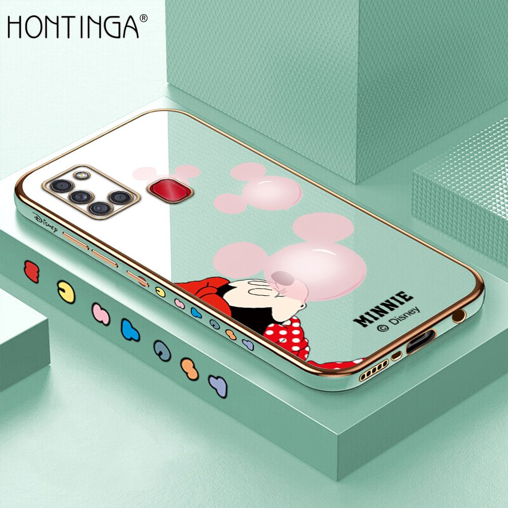 Hontinga for Samsung A21S Back Cover + Free Lanyard Luxury 6D Plating Cartoon Bubble Mouse Side Pattern Case Soft Silicone Square Mobile Cover
