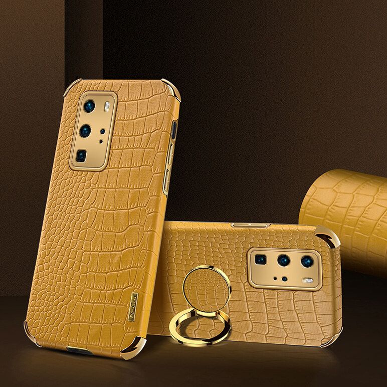 Luxury Plated Crocodile Pattern Leather Holder Phone Case For Huawei P40 Pro Magentic Car Ring Stand Cover