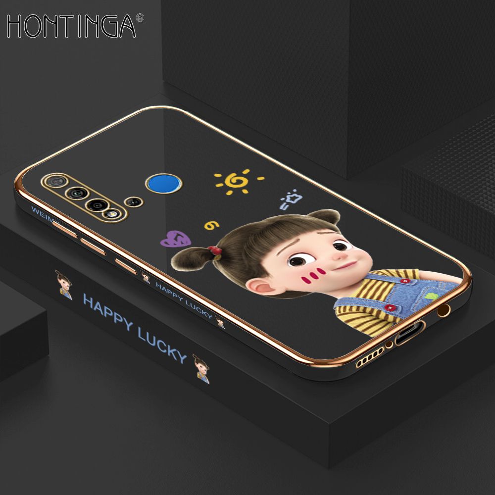 Hontinga for Huawei Nova 5i / P20 Lite 2019 Back Cover + Free Lanyard Luxury 6D Plating Cute Cartoon Happy Girl Side Pattern Case Soft Silicone Square Phone Cases