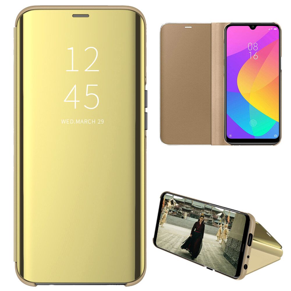 For Xiaomi Mi 9 Lite Mirror Plating Hard PC -PU Leather Translucent Standing View Case Cover