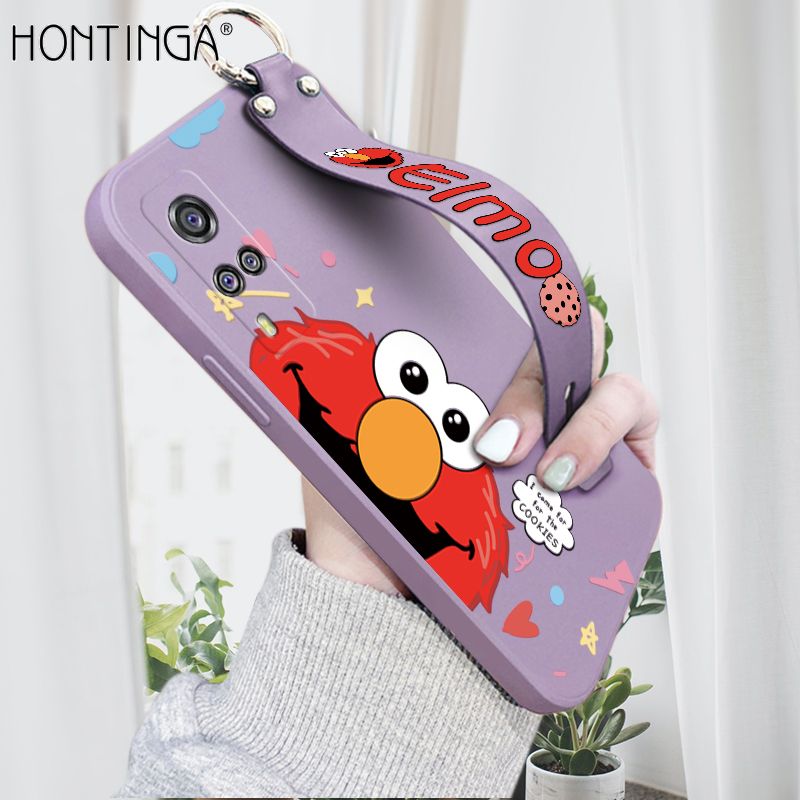 Hontinga for Vivo Y53S 4G Wrist Strap Case Cute Cute Cartoon Little Monster Cover Trend Square Printed Pattern Liquid Silicone Phone Case