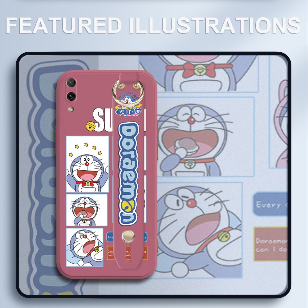 UCUC for Huawei Y7 Pro 2019 Wrist Strap Case Creative Cartoon Doraemon's Daily Life Cover Ultra Thin Anti Fall Liquid Silicone Phone Case