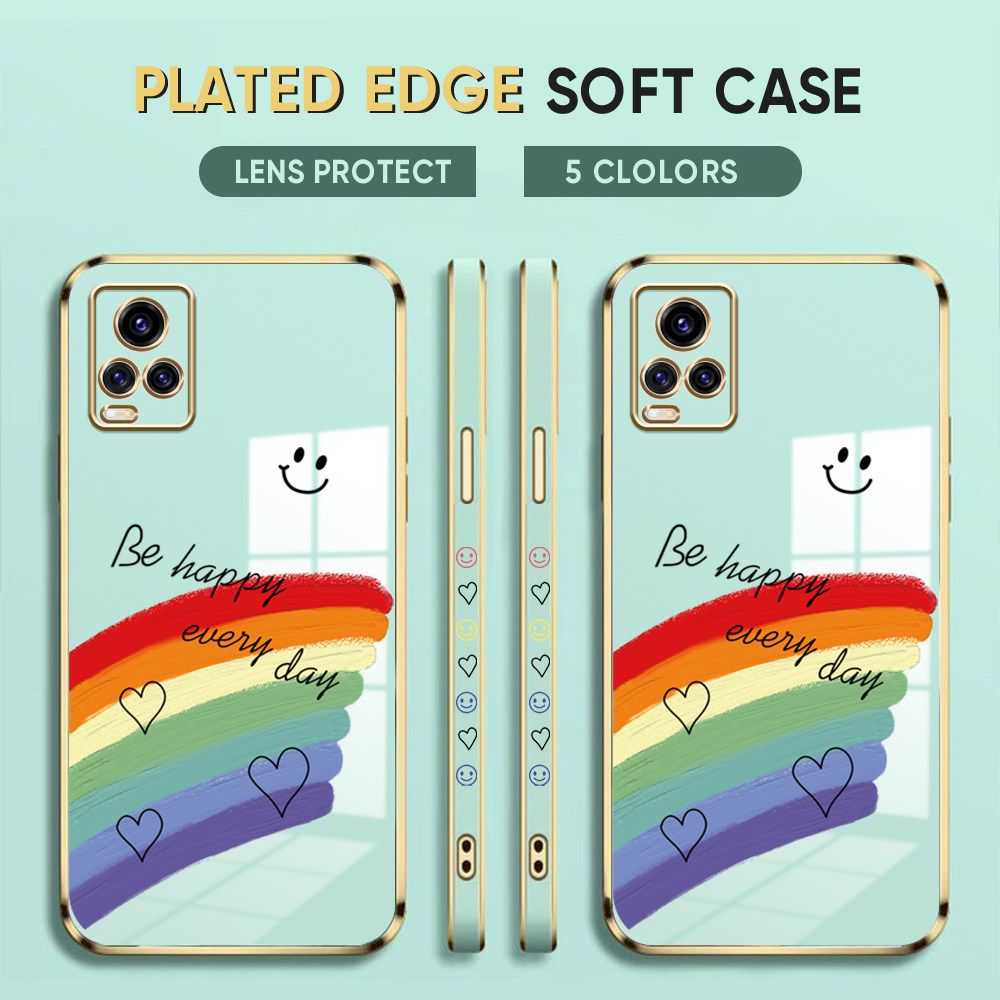 Luxury 6D Plating Case for Vivo V20 Pro Phone Cases Smile Rainbow Lover Heart Side Print Soft Silicone Square Back Cover