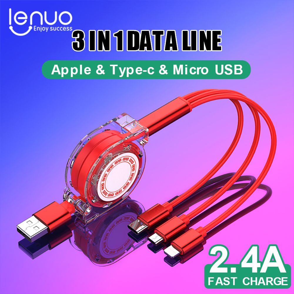 Lenuo 2.4A Retractable 3 In 1 Type C / Lightning / Micro USB Fast Charging Cable