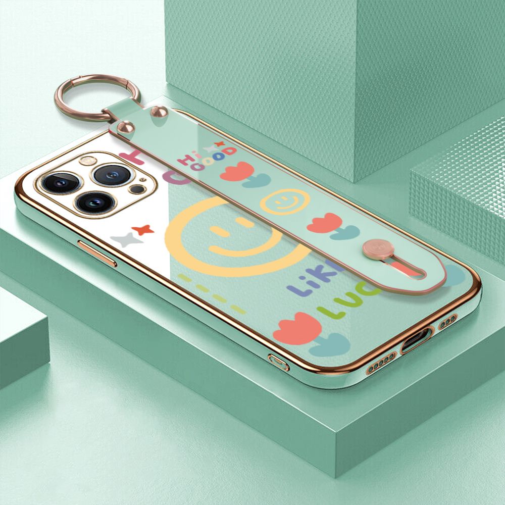 ZeroQiQi for iPhone 13 Pro Wrist Strap Back Cover Flower Smiley Fashion Luxury 6D Plating Soft Casing Silicone Square Frame Phone Case