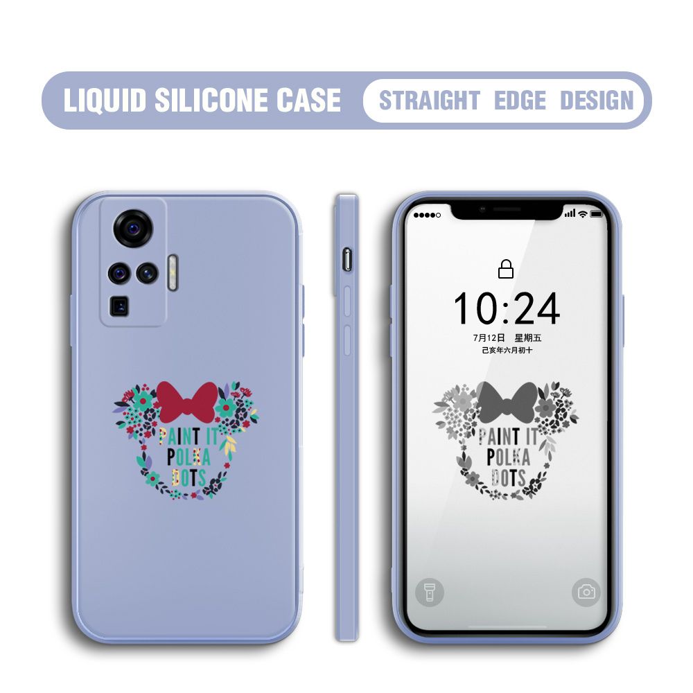 BILI for Vivo X50 Pro 5G Back Cover Flowers Minnie Multicolor Liquid Silicone Phone Case Soft Square Lens Protection Phone Cases