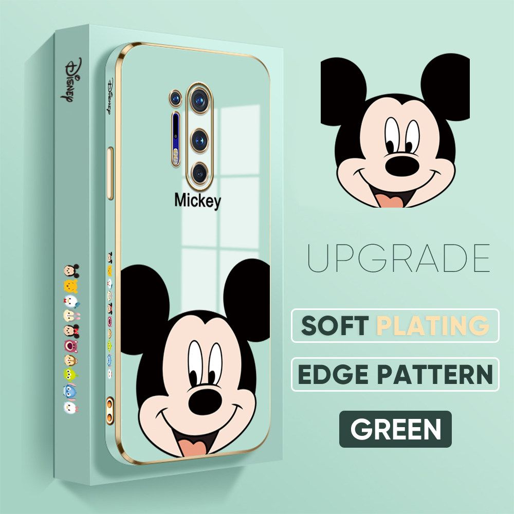 Jizetin (Free Lanyard) OnePlus 8 Pro Luxury 6D Plating Soft Casing Silicone Square Frame Phone Case Shiny Bling Back Cover Cartoon Big Head Mouse New design Side Drawing Case