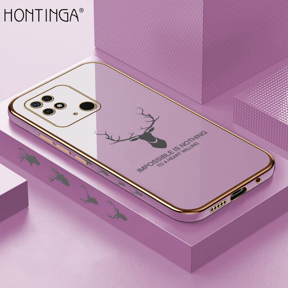 Hontinga for Xiaomi Redmi 10C Back Cover + Free Lanyard Luxury 6D Plating Lucky Deer Side Pattern Case Soft Silicone Square Phone Cases