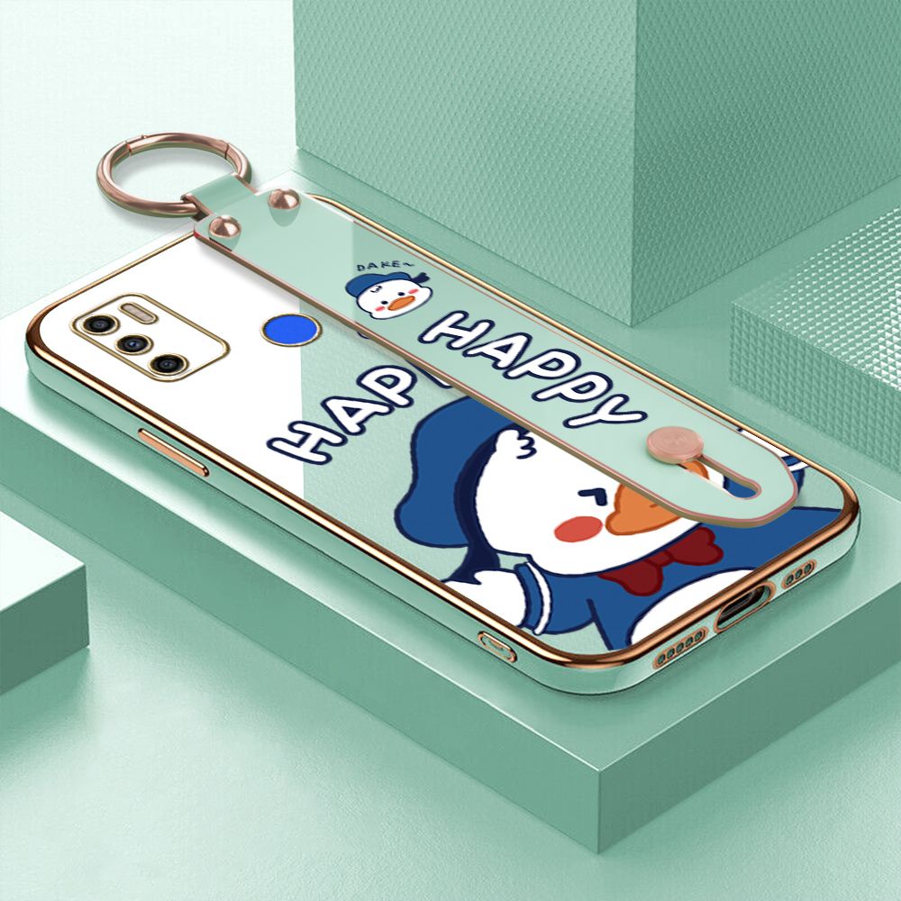 TA for Tecno Spark 6 Air / Spark 5 Air Wrist Strap Back Cover Cute Duck Fashion Luxury 6D Plating Soft Casing Silicone Square Frame Phone Case