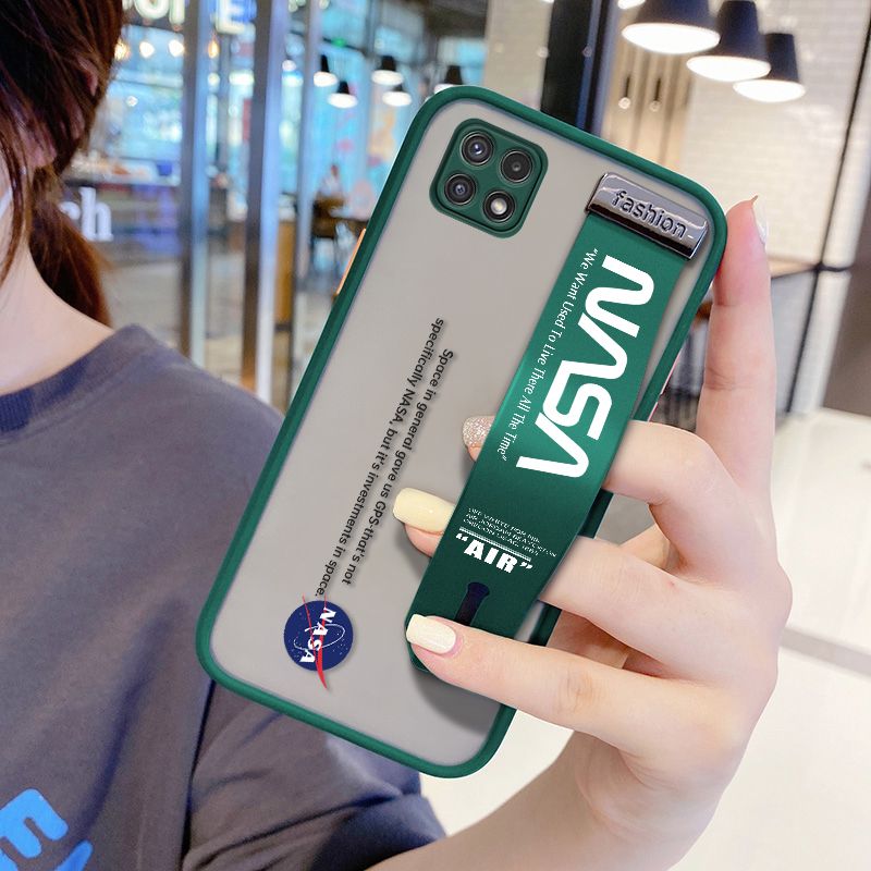 UCUC for Samsung Galaxy A22 5G Wrist Strap Case Popular NASA Wristband Printing Cover Shockproof Frosted Phone Case