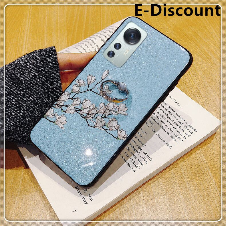 For Xiaomi 12 Pro Case Flowers Gardenia & Magnolia Bling Glitter Soft Silicone Protector Cover with Finger Ring Holder Xiaomi12 Pro Back Cover