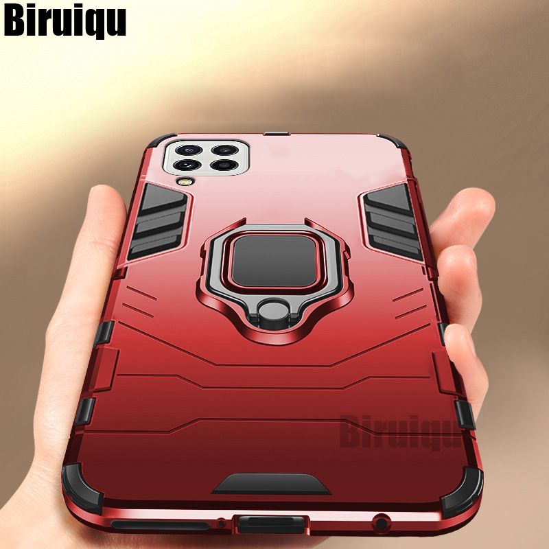 Biruiqu For Samsung Galaxy A22 4G Soft TPU+Hard PC Black Panther Shockproof Slim Protective Case Cover with Kickstand