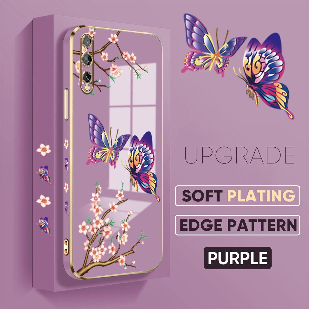Jizetin (Free Lanyard) Huawei Y8P Back Cover Peach Blossom and Butterfly Luxury 6D Plating Case Side Pattern Soft Silicone Square Mobile Phone Cases